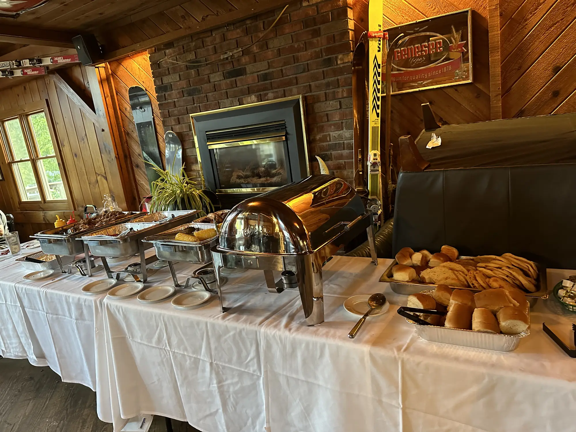 Lodge breakfast buffet with chafing dishes and bread display