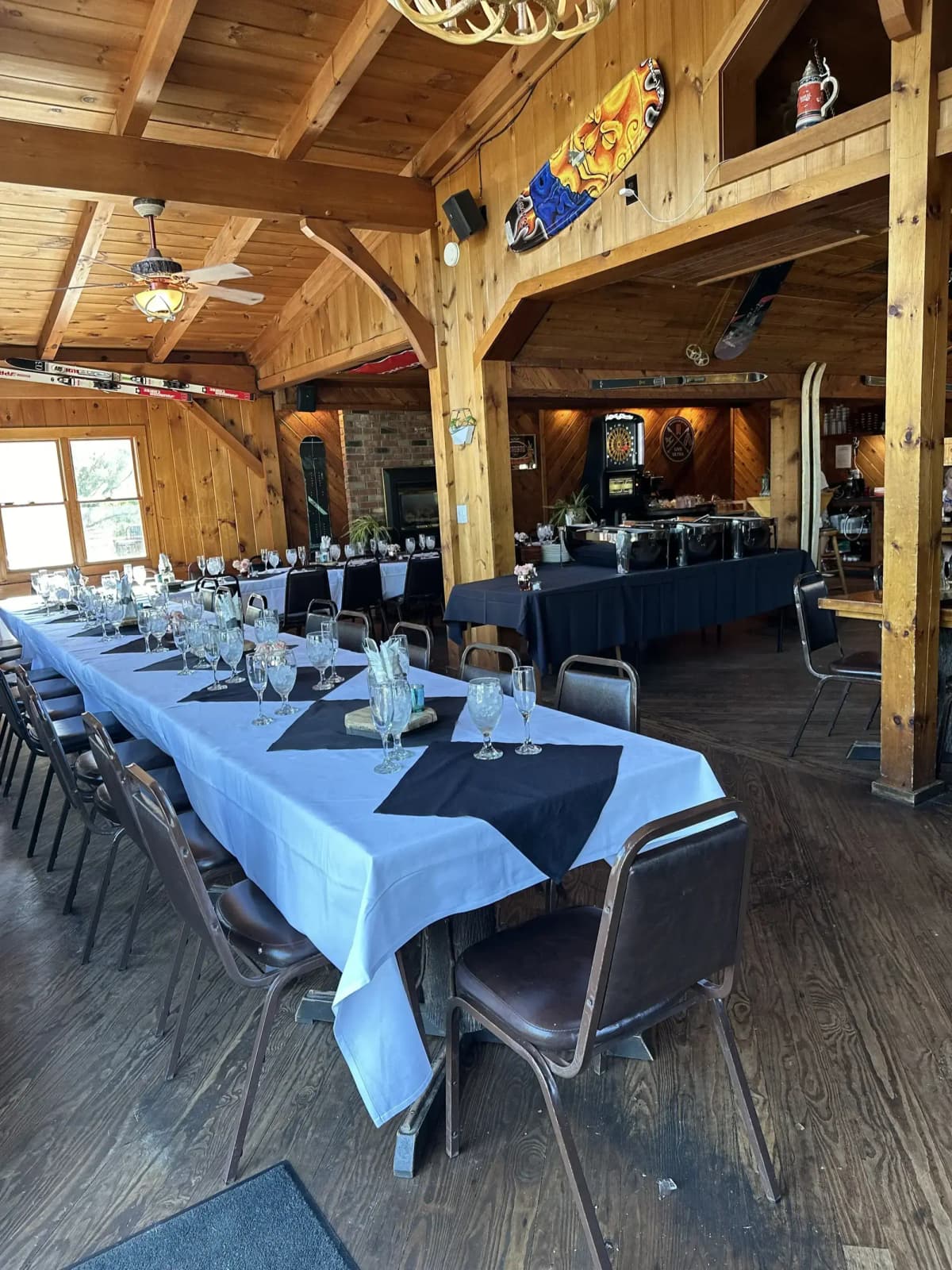 Private event setup with blue table runner